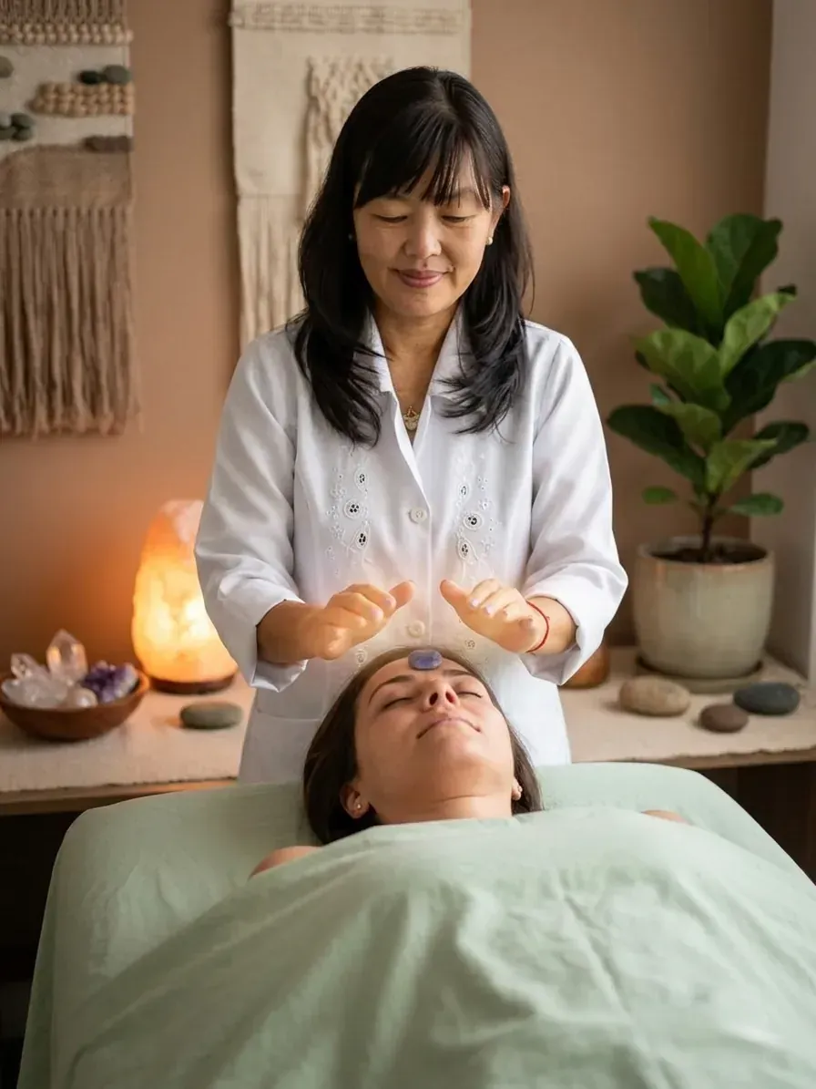 Célia Shimoda realizando sessão de Reiki em Blumenau